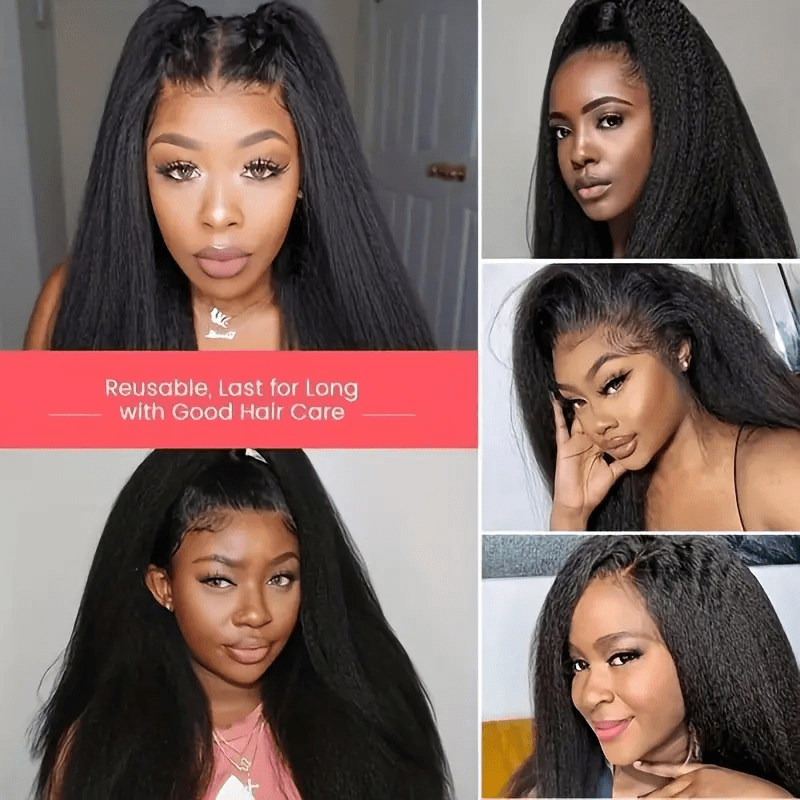 34" Kinky Straight Glueless Human Hair Wig with Pre-Plucked 4x4 HD Lace Closure, 180% Density, Natural Black - Long Yaki Texture for Women, Elegant Style, Perfect for Everyday or Special Occasions
